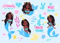 Afro Mermaids Dark Skin with Black Hair and Blue Tail Vector Collection