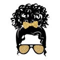 Afro messy hair bun, aviator glasses, golden glitter bow. Vector woman silhouette. Female curly hairstyle. Royalty Free Stock Photo