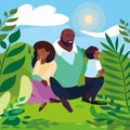 afro parents with son family in sunny landscape