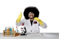 Afro scientist showing thumb up on studio