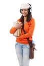 Afro student with books and shoulder bag