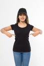 Afro woman in black template t shirt and baseball cap isolated on white background. Blank Sport hat and tshirt. African american