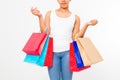 Afro Woman shopping. Happy young african american girl with shopping bags isolated on white background. Copy space. Fashion Royalty Free Stock Photo