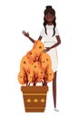 Afro woman taking care autumn plant in ceramic pot seasonal icon