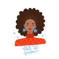 AfroAmerican girl with afro hairs and funky earings. Winter portrait of black attractive woman with lettering quote -