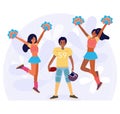 Afroamerican girls cheerleader team in uniform with pompons jumping for joy meeting an American football player, cartoon