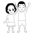 Afroamerican sister and brother smiling cartoon in black and white