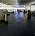 Aft mooring station situated on stern part of container ship behind superstructure. On the green painted main deck are white ropes Royalty Free Stock Photo