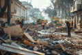 Demolition workers clear debris from a destroyed residential building after an airstrike. Royalty Free Stock Photo