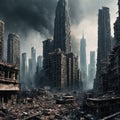 In an apocalypse, a city with a lot of buildings and a lot of rubble.