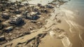 Devastation After Catastrophic Coastal Flood. Submerged Cityscape, Damaged Buildings, and Muddy Waters - Aerial View