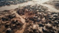 Devastation After Catastrophic Coastal Flood. Submerged Cityscape, Damaged Buildings, and Muddy Waters - Aerial View