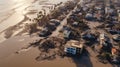 Devastation After Catastrophic Coastal Flood. Submerged Cityscape, Damaged Buildings, and Muddy Waters - Aerial View