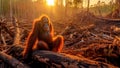 Aftermath of deforestation, a orangutan sits on a tree stump, Generative AI