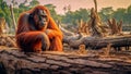 Aftermath of deforestation, a orangutan sits on a tree stump, Generative AI