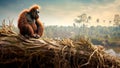 Aftermath of deforestation, a orangutan sits on a tree stump, Generative AI