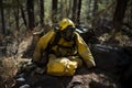 In the aftermath of a forest fire, firefighter gear and equipment lie on the ground Royalty Free Stock Photo