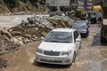 Aftermath of the heavy flood in river swat at Bahrain valley that damaged the hotels and wash out the asphalt road: Bahrain swat,