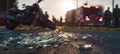 The aftermath of a motorcycle accident captured in a dramatic urban setting. AI generated image Royalty Free Stock Photo