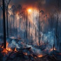 Burning remains of a recent forest fire