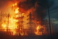 In aftermath of terrorist attack, there was an explosion at electric power substation, which led to start of fire that Royalty Free Stock Photo