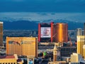 Afternoon aerial view of the famous strip with Treasure island, Resorts World