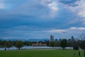 Afternoon cloudy view of the downtown skyline from city park Royalty Free Stock Photo