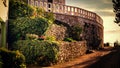 Afternoon light falls on the garden next to the narrow street Royalty Free Stock Photo