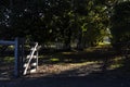 Afternoon light highlighting gate leading into field Royalty Free Stock Photo