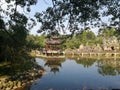 The afternoon of the park, the sunlight is very quiet, the water in the lake bottom, the mirror lake pavilion and plants