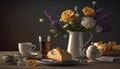 Afternoon set up of classic tea on ceramic marble table decorated with spring flowers and dessert, hot tea on the cup, popular Royalty Free Stock Photo