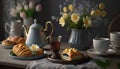 Afternoon set up of classic tea on ceramic marble table decorated with spring flowers and dessert, hot tea on the cup, popular Royalty Free Stock Photo