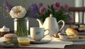 Afternoon set up of classic tea on ceramic marble table decorated with spring flowers and dessert, hot tea on the cup, popular Royalty Free Stock Photo