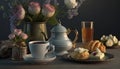 Afternoon set up of classic tea on ceramic marble table decorated with spring flowers and dessert, hot tea on the cup, popular Royalty Free Stock Photo