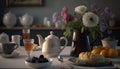 Afternoon set up of classic tea on ceramic marble table decorated with spring flowers and dessert, hot tea on the cup, popular Royalty Free Stock Photo