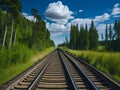 In the afternoon of a summer day, forest trees line a railway.