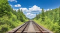 In the afternoon of a summer day, forest trees line a railway.