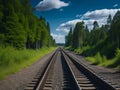 In the afternoon of a summer day, forest trees line a railway.