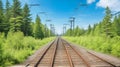 In the afternoon of a summer day, forest trees line a railway.