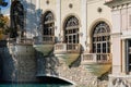 Afternoon sunny street view of the famous Bellagio Hotel and Casino with the fountain and water dance