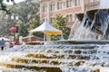 Afternoon sunny view of the Patsy and Forrest Shumway Fountain of USC