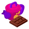 Afternoon tea icon isometric vector. Bright teapot and dark chocolate bar icon