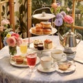 Afternoon tea in the restaurant garden, English tradition and luxury service, tea cups, cakes, scones, sanwiches and desserts, Royalty Free Stock Photo