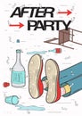 Afterparty placard. Drunk, tired guy asleep, resting of drinking. Funny party poster. Colorful Illustration. Royalty Free Stock Photo