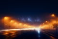 Afterrain mystique city lights, road bridge, moving car in fog Royalty Free Stock Photo