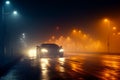 Afterrain mystique city lights, road bridge, moving car in fog Royalty Free Stock Photo