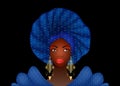 Nigerian Headtie, portrait African American woman wearing ethnic Afro turban, gold earrings. Beauty black girl in Yoruba Wedding