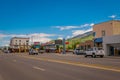 Afton, Wyoming, United States - June 07, 2018: Outdoor view of some cars in the streetss at the entrance of the town in Royalty Free Stock Photo