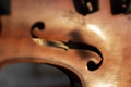Afula, Israel - February 26, 2021: Fragment of an old violin with the inscription - Stradivarius model. Blurred focus
