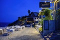 AFYTOS, GREECE - OCTOBER 16, 2020: Empty restaurants with terrac Royalty Free Stock Photo